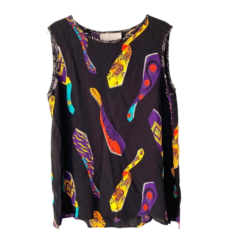 Platinum By Dorothy Schoelen Vintage Black Tie Print Tank Blouse size medium